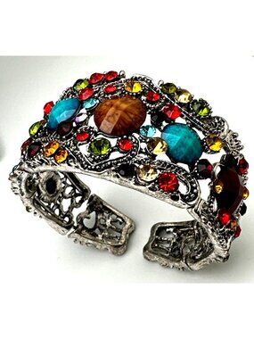 Granny Multicolor Rhinestone Stretch Cuff Bracelet Ornate Silver Tone Vintage